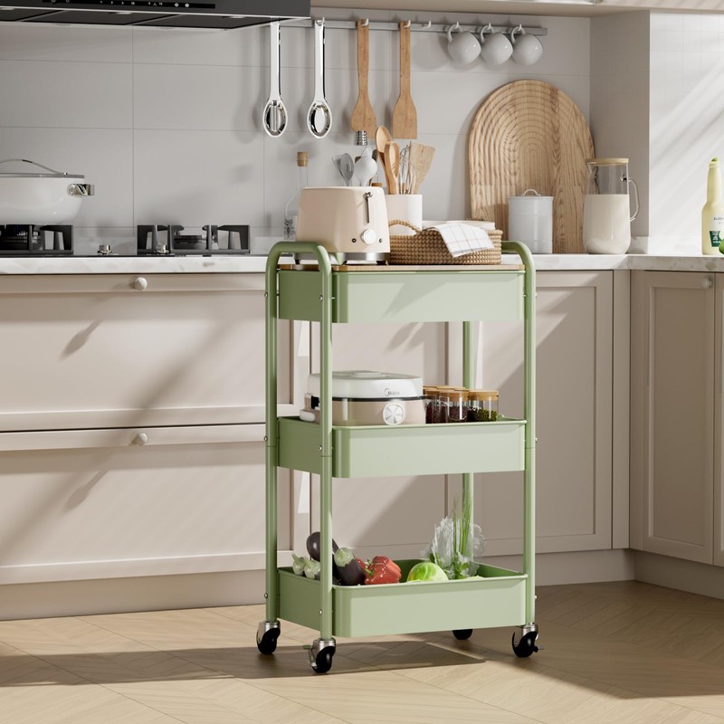 johgee 3 Tier Rolling Cart with Table top, Metal Rolling