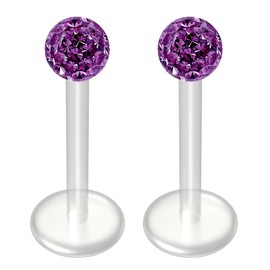 Evonix 2pc 16g Amethyst CZ Bioplast Labret Flexible Lip Stud Crystal BioFlex Hypoallergenic Jewelry 10mm