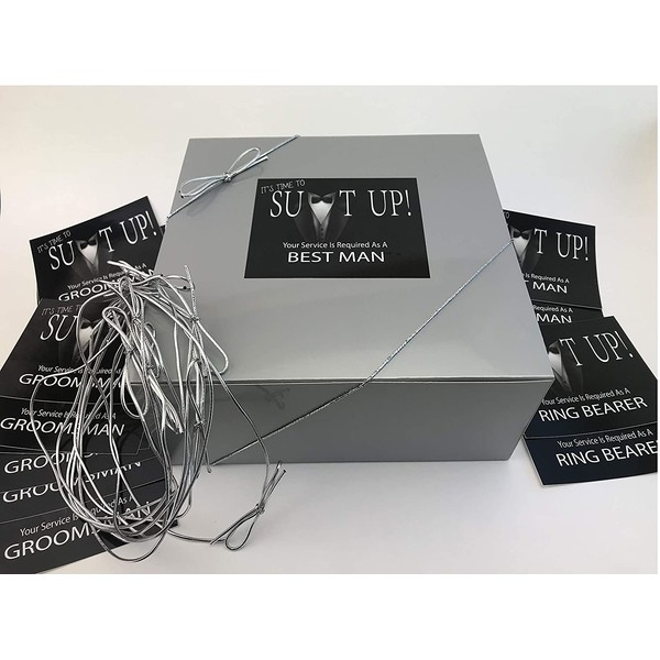 Groomsmen Proposal Gift Boxes Set of 10 Empty 8x8x4 Boxes with 14 Labels to Ask 10 Groomsmen, 2 Best Men and 2 Ring Bearers with 10 Silver String Loops. (Silver)