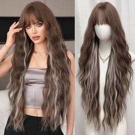 7JHH WIGS Long Loose Wavy Cold Brown Highlight Blonde Wigs with Bangs Wet and Wavy Long Curly Heat Resistant 150% Density Culry Wave Wig for Women Daily Used