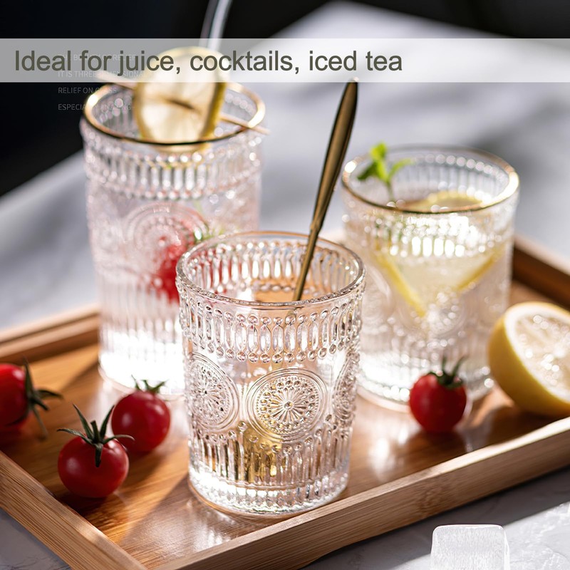 Kingrol 6 Pack SMALL 9 oz Drinking Glasses, Vintage Embossed