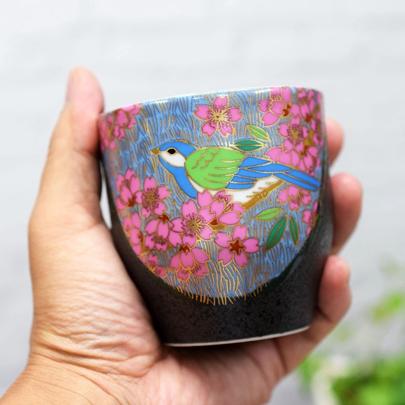 Tea Cup Stylish Kutani Ware Yunomi Kanzakura Flower and Bird