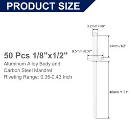 uxcell 50Pcs 1/8" x1/2" Aluminum Blind Rivets, Aluminum Grip and Steel Mandrel, Large Flange Fastener Rivets for Metal, Furniture, Automotive, White
