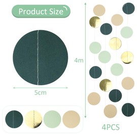 52 ft Forest Green Paper Garland, 4 Pieces 4 m Paper Garland Round, Hanging Green Paper Circle Dots Garland for Birthday Party, Anniversary Party, Carnival, Wedding Decoration