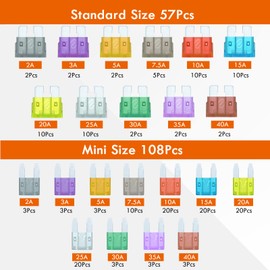 Car fuses 165Pcs, Gorffy Car Fuses Assorted 108 Mini Blade Car Fuse + 57 Standard Blade Car Fuse 2A 3A 5A 7.5A 10A 15A 20A 25A 30A 40A with Storage Case and Fuse Extrator for Automotive ATM/ATC/ATO