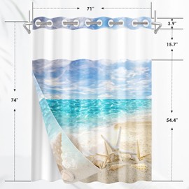 Nesphy No Hook Beach Summer Shower Curtain with Snap in Fabric Liner Set, Starfish Seashell Sea Double Layers Waterproof Fabric with See Through Top Window Open Grommet Bath Curtain 71x74 Inch