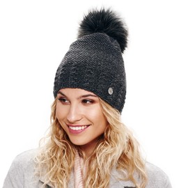 EliMeli® 14503 women's winter hat, warm knitted hat with bobble Slouch, knitted beanie for winter bobble hat, Made in EU, choice of colours., grey