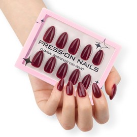 Almond Press-On Nails – 30 Pcs Glossy Chrome, French Tip & Solid Color Nail Set with Glue & Adhesive Tabs | PMMA Coated Reusable False Nails for Women & Teens (cherry, Medium)