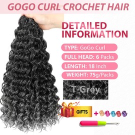 ELAOGI GoGo Curl Crochet Hair 18Inch 6Packs Gogo Curls Crochet Synthetic Braiding Hair Curl Crotchet Hair for Black Women (18 Inch (Pack of 6), 1B/Grey)