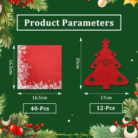 Pack of 12 Cutlery Holders Christmas Red Christmas Cutlery Holder Felt with 40 Napkins Christmas Cutlery Bag Christmas Tree Cutlery Bag for Table Decoration Christmas Party