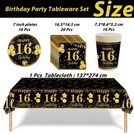 53Pcs Black Gold 16th Birthday Party Tableware Decorations,16th Birthday Table Cloth Plates and Napkins Cups Sets for Him Her Boys Girls Birthday Table Decorations for 16th Gifts Dinnerware