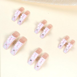 French Tip Press on Nails with Pink Bow Rhinestones Designs Curved Press on Nails Extra Long Curved Nail Tips Glossy Full Cover Acrylic Nails Stick on Nails for Women Nail Art Manicure