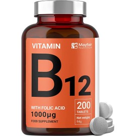Vitamin B12 Supplements with Folic Acid - 200 Tablets of 1000 mcg Vegan B12 - Non-GMO & Gluten-Free - Made in UK