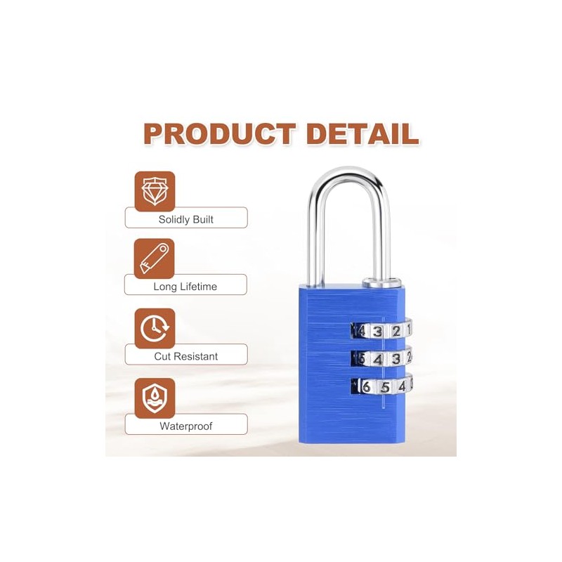 PATIKIL 3 Digit Combination Lock, (H:2.9", Blue), Aluminum Resettable Code