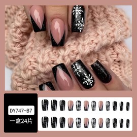 Snowflake Press on Nails French Tip Fake Nails Medium Square Black Glue on Nails Christmas False Nails Glossy Acrylic Nails Winter Xmas Stick on Nails Reusable Artificial Nails for Women, 24Pcs