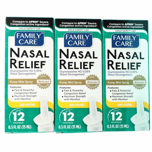 FamilyCare Nasal Relief Spray, Pump Mist, Anti-drip, Severe Congestion, (Oxymetazoline HCI) 12 Hours, 3 Pack