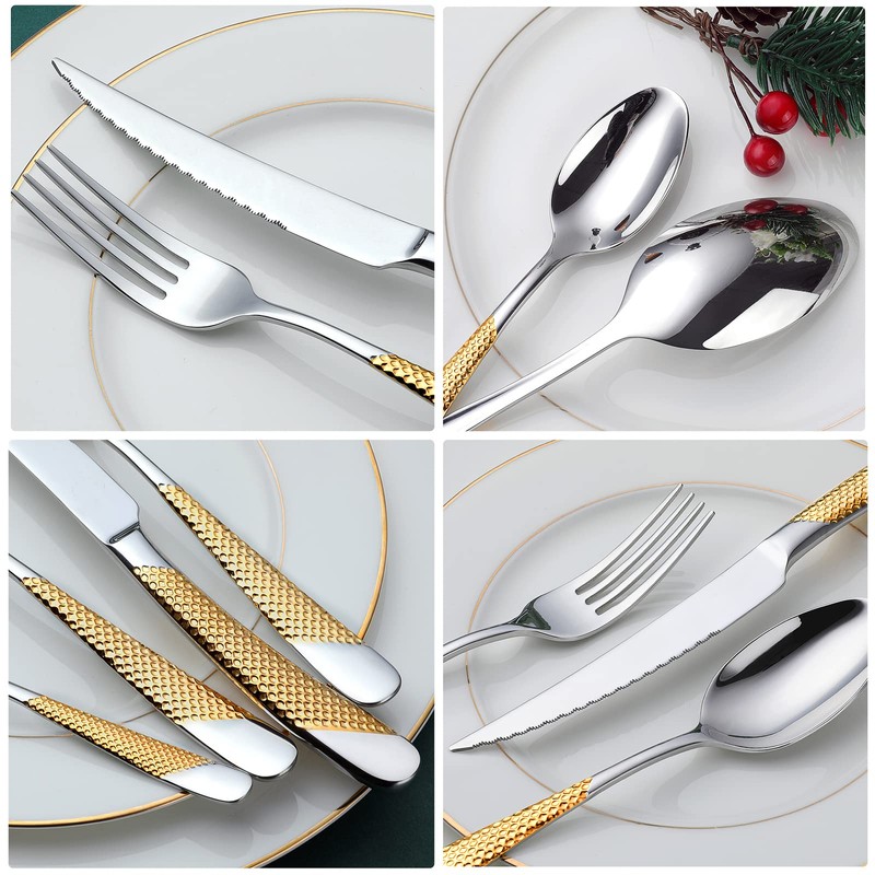 Hammered Silver Gold Silverware Set, OGORI 24-Piece 18/10 Stainless Steel