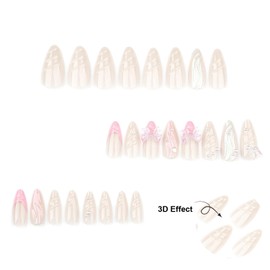 LPOODDNU 3D Almond Press on Nails Medium Fake Nails Acrylic Handmade Glue on Nails with 3D Butterfly Bow Designs Full Cover Stick on Nails Cute Almond Medium False Nails for Women Manicure 24Pcs