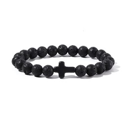 Caiyao 8MM Ornament Lava Volcanic Stone Beads Turquoise Cross Elastic Stretch Bracelet Religion Bangle for Women Men-Black