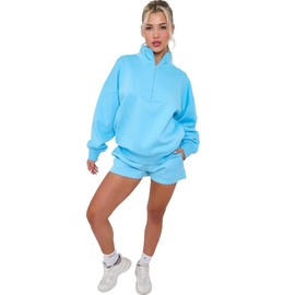 janisramone® Co Ord Sets for Women, Half Zip Fleece Oversized Sweatshirt with High Waisted Shorts - Lounge Wear Sets for Women UK - Comfortable & Stylish Two Piece Outfit Women Sky Blue