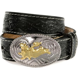 Nocona Boots Boys' 1-1/4" Tooled Bull Rider Floral Leather Western Belt Buckle, Black, 20