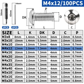 XRXYMQ Pack of 100 Rounded Head Screws M4 x 12 mm Flat Head Screws Hexagon Socket 304 Stainless Steel Screws Round Head Screws Full Thread Machine Screws for Furniture Installation Wood Mounting