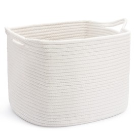ABenkle Square Cotton Rope Woven Basket, White Storage Basket for Organizing, Rectangle Shelves Closet Organizer for Books, Magazines, Toys, Decorative Basket for Baby Nursery, Living Room, Bathroom