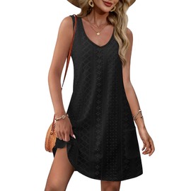 Vestidos De Verano para Mujer 2024 Swimsuit Coverup Loose V Neck Sleeveless Dress Sundresses with Pockets Eyelet Black XL
