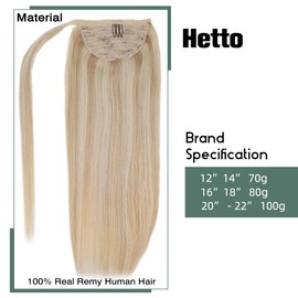 Hetto Natural Ponytail Extension Wrap Around Clip in Straight Hair Piece 16 Inch Ponytail Extension Blonde Highlighted Human Hair Extensions for Women 80 Grams