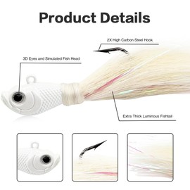 Natufish Bucktail Jigs 3Pcs Hair Jig Lure Hooks,Surf Fishing Hair Swimbait Jig Head Bait for Walleye Striper Saltwater(White_1/4oz_3pcs)