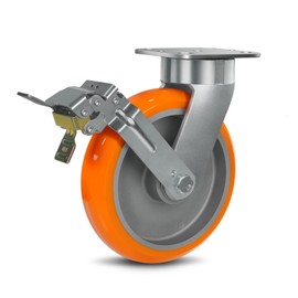 8"x2" Super Heavy Duty Casters, Kingpinless Crowned Polyurethane Tread Aluminum Core Wheel, 3000 lbs Load Capacity Per. Use for Large Platform Truck, U-Boat Cart (1 Brake)