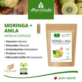 MoriVeda Moringa + Amla Capsules 600 mg, Pack of 360, High Dosage, Moringa Oleifera Leaf Powder and Amla Powder with Natural Vitamin C, Vegan and Gluten-Free, Pack of 360