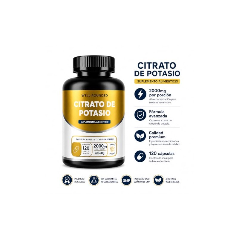 Citrato De Potasio Puro Well Rounded 120 Cápsulas, Suplemento Mineral,