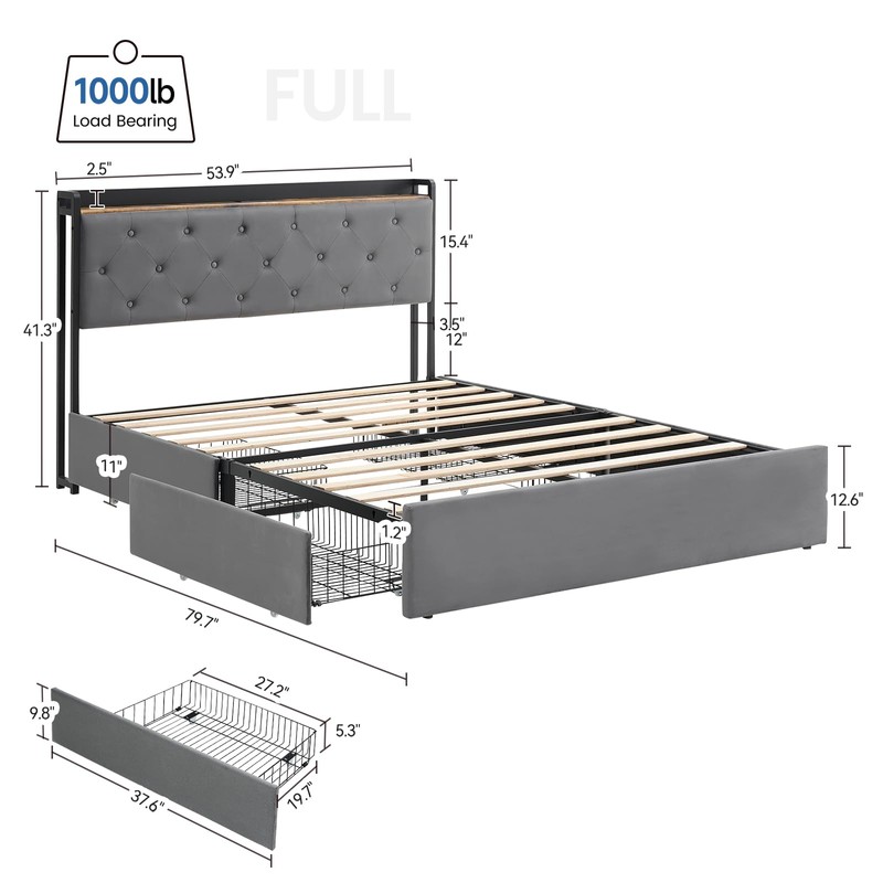 Full Size Bed Frame with Storage, Velvet Upholstered Platform Bed