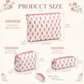 Cosmetic Bag Organizer Travel, Compact Lightweight Accessory for Travel and Daily Use - Meanplan 3 Rose Block Print