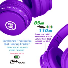 Mokata Kids Headphones Bluetooth 5.3 60H Play Time Wireless Kids Volume Limited 85 /110dB Over Ear Foldable Protection Headset with Mic AUX 3.5mm for Boys Girls Child School Pad Tablet Purple