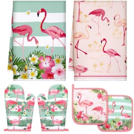 Bencailor 6 Pcs Tropical Flamingo Kitchen Towel Heat Resistant Oven Mitts and Pot Holde