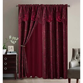 Sapphire Home Scarlet Jacquard Window Drape Curtain Set - Attached Valance, Sheer Backing, 2 Tassels, 2 Panels - Elegant Damask Floral Pattern - Drape Set for Living/Dining Rooms, (84”, Burgundy)