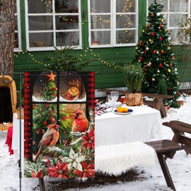 Heyfibro Christmas Cardinal Garden Flag Christmas Tree Garden Flags 12x18 Inch Double Sided Burlap, Flowers Poinsettia Yard Flag for Winter Holiday Xmas Yard Outdoor Decoration(ONLY FLAG)