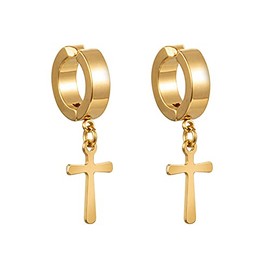 Gold Silver Cross Clip On Earrings Drop Dangle Set for Women Men Cross Titanium Steel Hoop Dangle-Gold