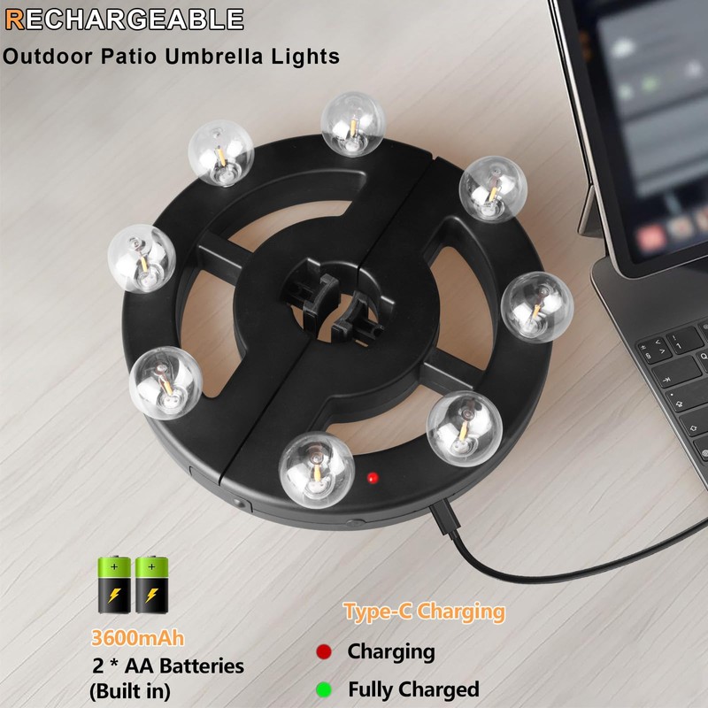 Umbrella Lights Outdoor Patio, Rechargeable Cordless with Dimmer &Timer, 8