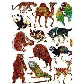 Charo Panda Camel Squirrel Bear Iguana Animals Colourful Stickers 12 Pieces 1 Sheet 135 mm x 100 mm Stickers Craft Children Party Metallic Look