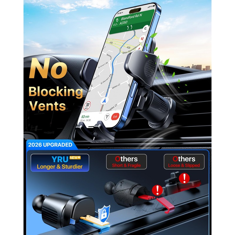 YRU 【2026 Upgrade & Military-Grade】 Car Phone Holder Mount【100+LBS Strong