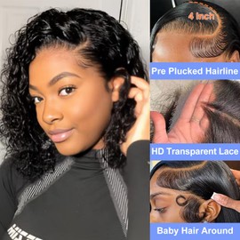 RMOARIWR Bob Wig Human Hair 180% Density 4x4 HD Transparent Lace Front Wigs Human Hair Pre Plucked Short Bob Glueless Water Wave Wigs Human Hair for Women Natural Black 14 Inch