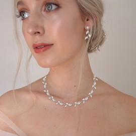 EleQueen Bridal Flower Leaf Choker Necklaces Dangle Earrings Sets Marquise Cut CZ for Women