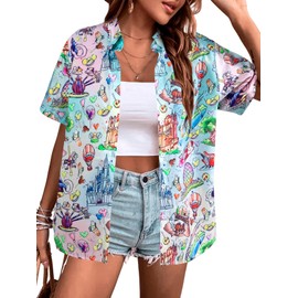VILOVE Magical Shirt for Women Magic Hawaiian Shirts Princess Tshirt Funny Castle Graphic Family Vacation Button Up Tops