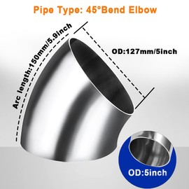 5 Inch 45°Mandrel Bend Elbow, 304 Stainless Steel Exhaust Pipe Elbow, Thickness 1.5mm Elbow Exhaust Tubing for Car Exhaust Modified Elbow Pipe, Stair Handrail, Pipe Turning