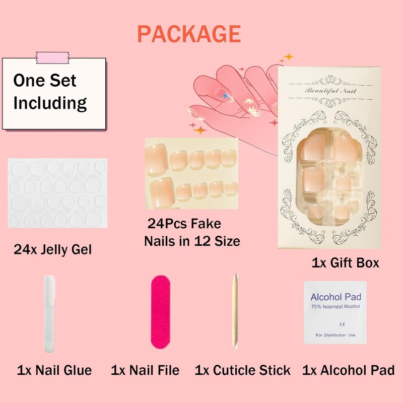 24Pcs Gradient Pink Press on Toenails - Short Square False