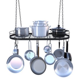 TICKCACY 33' Oval Pan Rack Hanging, Heavy Duty Ceiling Pot Rack with Hooks, Metal Pot Hanger with Grid, Pan and Pot Hangers for Kitchen Cookware Utensils Toiletries, Easy Assembly, Black