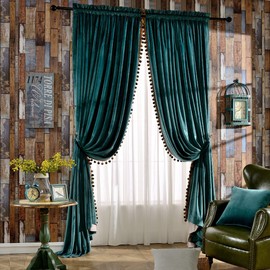 Melodieux Luxury Pom Poms Velvet Curtains for Bedroom Living Room, Thermal Insulated Rod Pocket Window Drapes, 52x84 Inch, Antique Green (1 Pair)